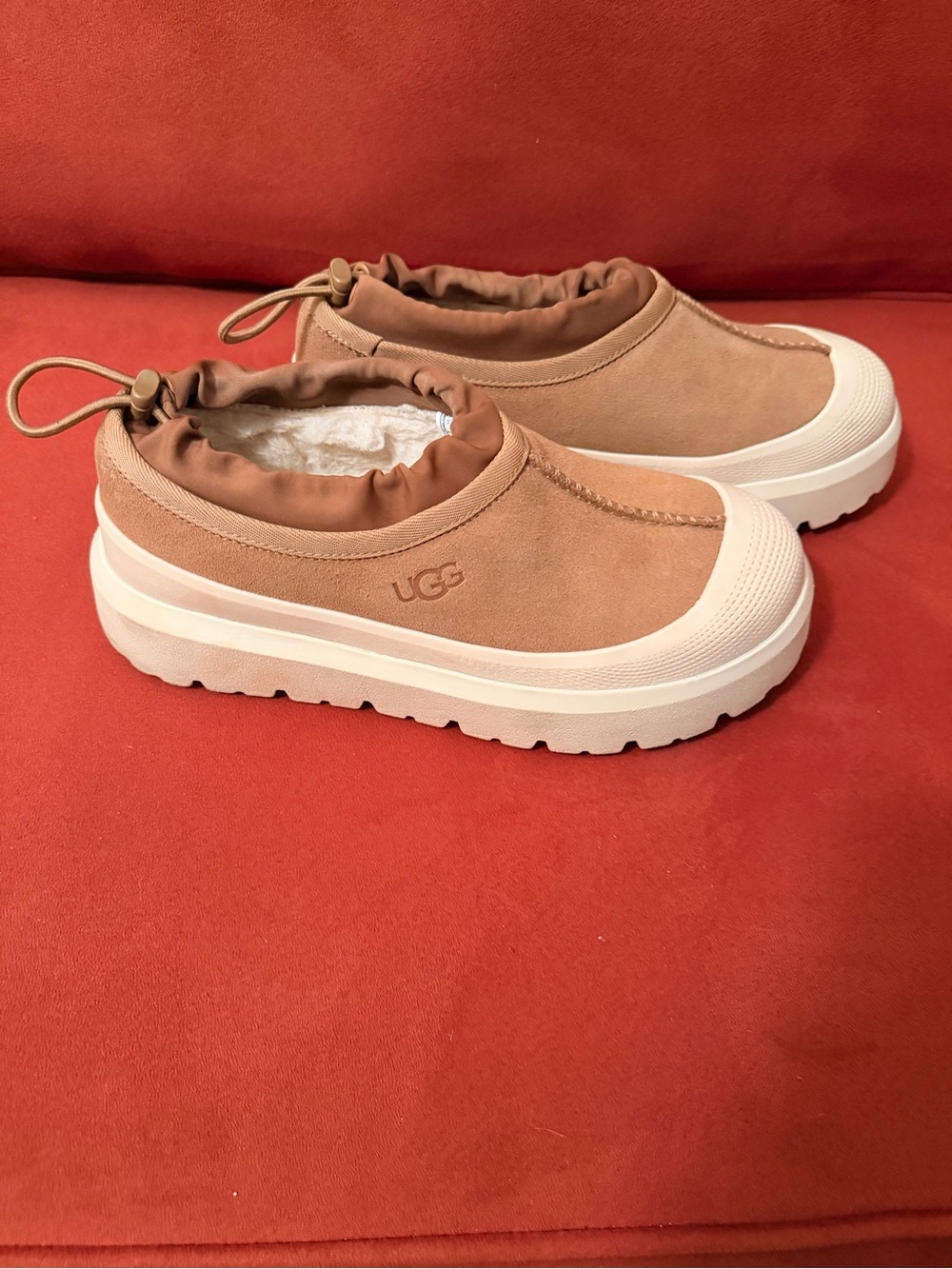UGG Tan Suede Platform Slip-Ons with White Soles